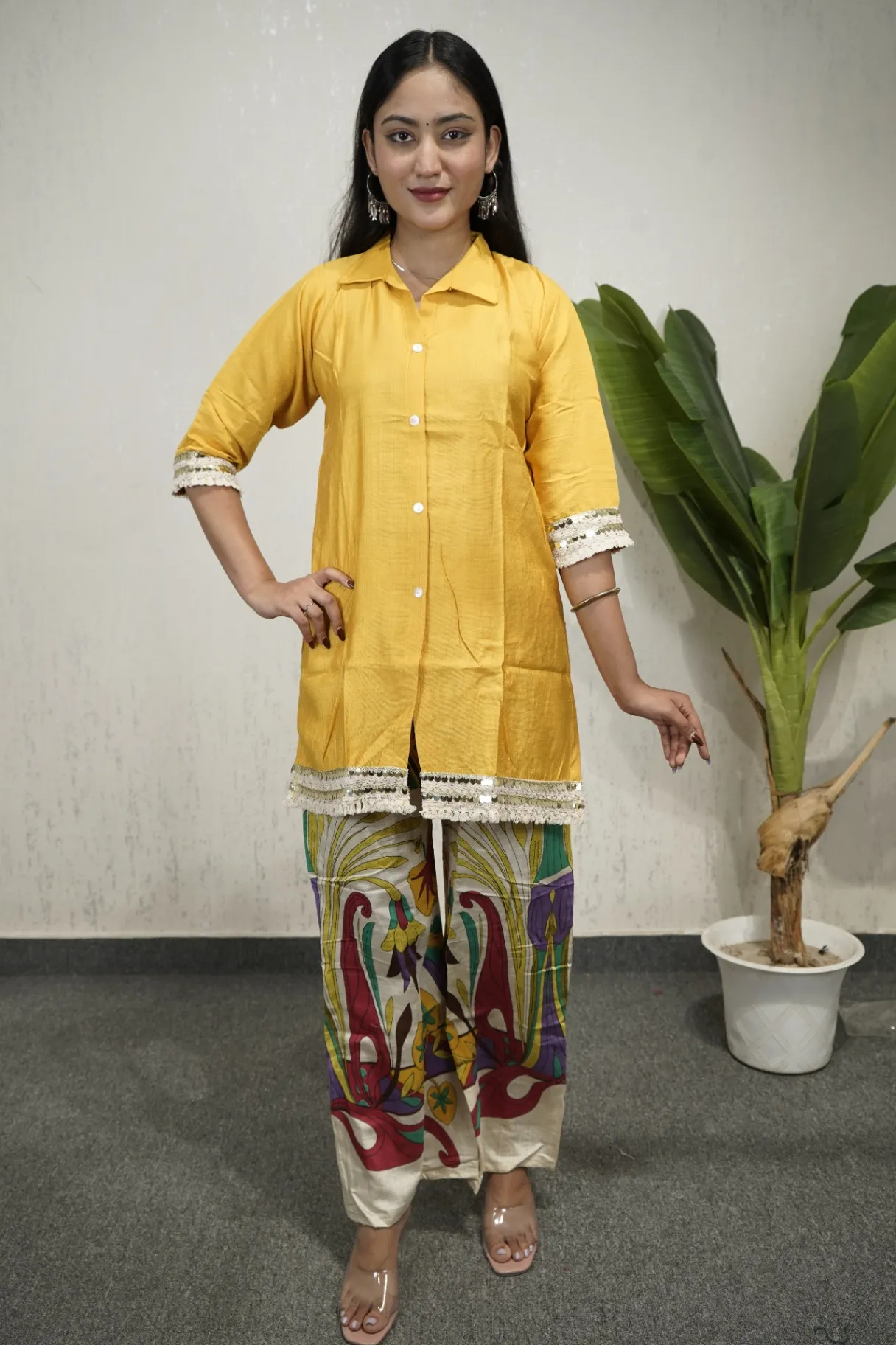 Shirt-Style Kurti with Printed Palazzos