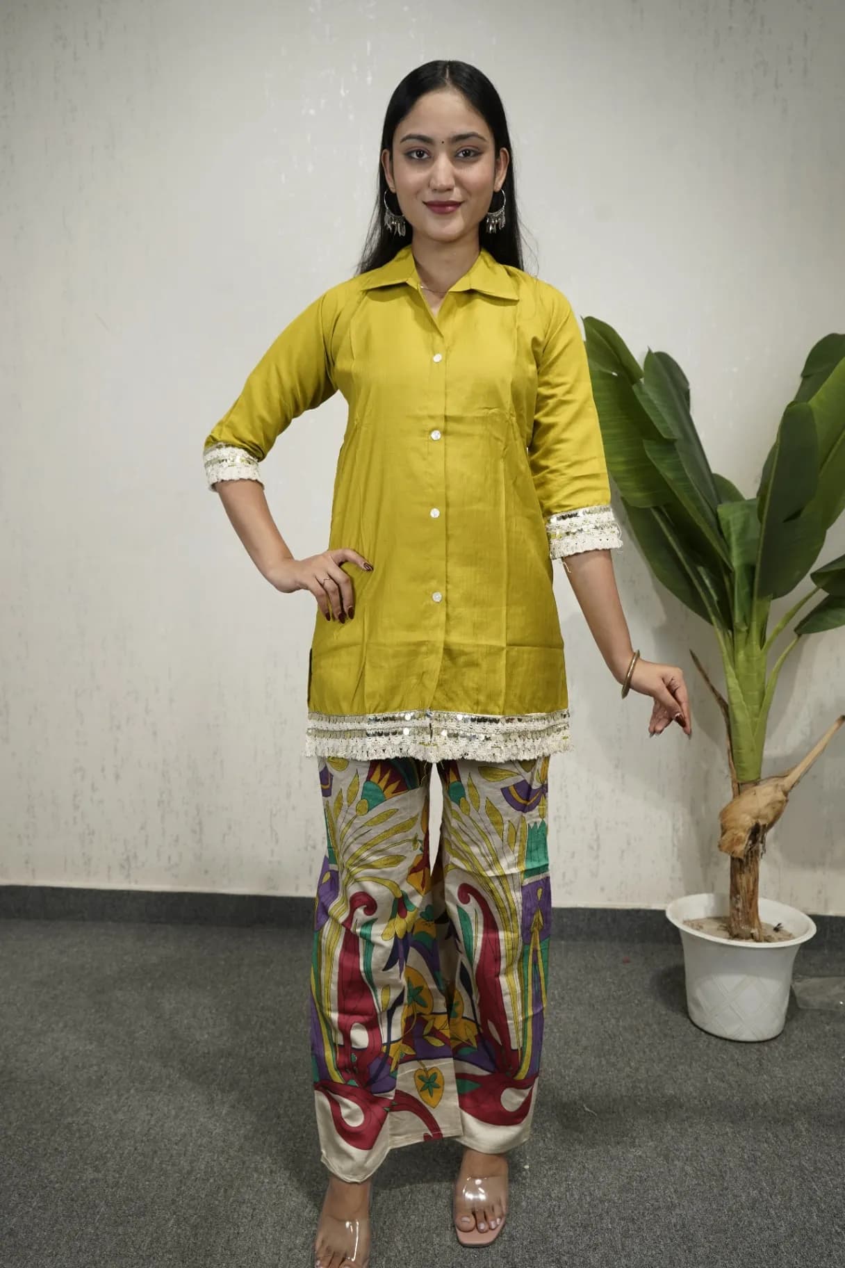 Shirt-Style Kurti with Printed Palazzos