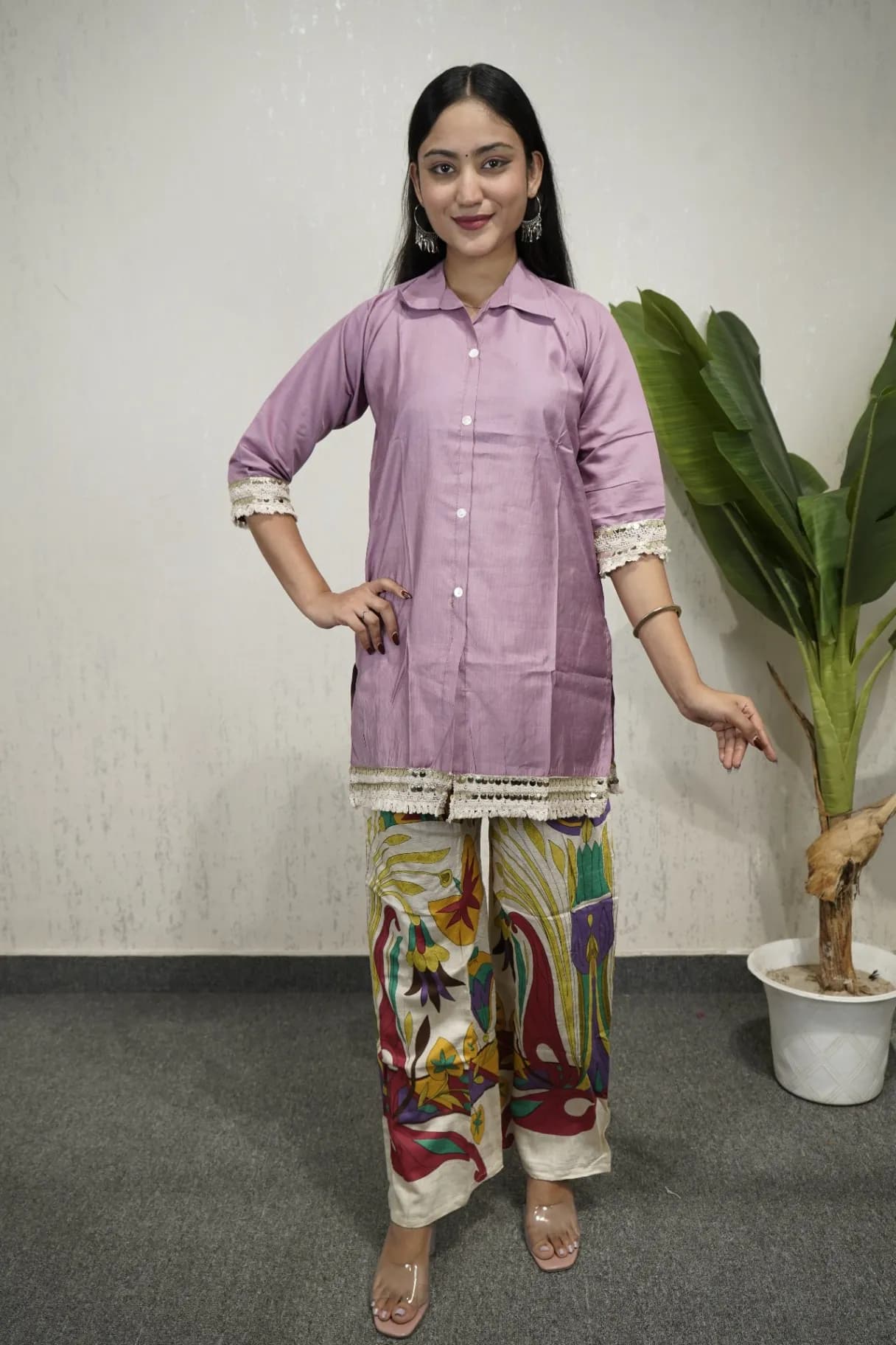 Shirt-Style Kurti with Printed Palazzos